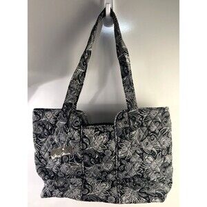 Mary Maxim Black/White Paisley Cotton Shoulder Bag Quilted Tote Zippered